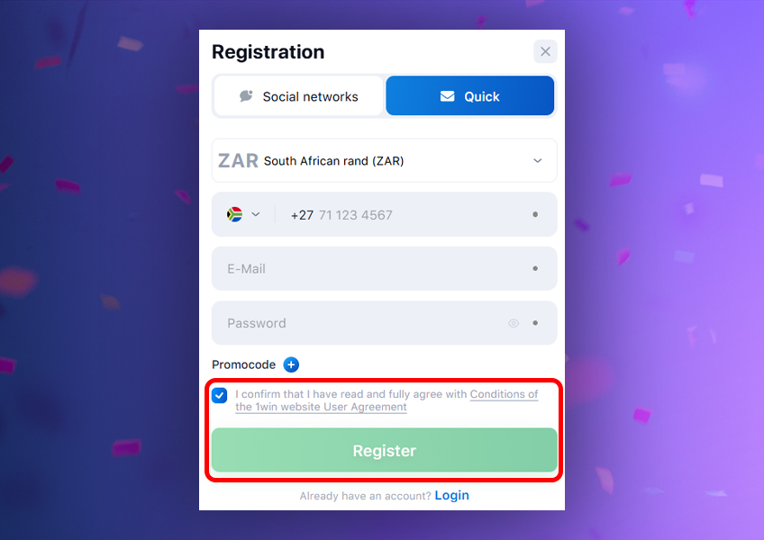1win register kenya   phone number registration   step 5