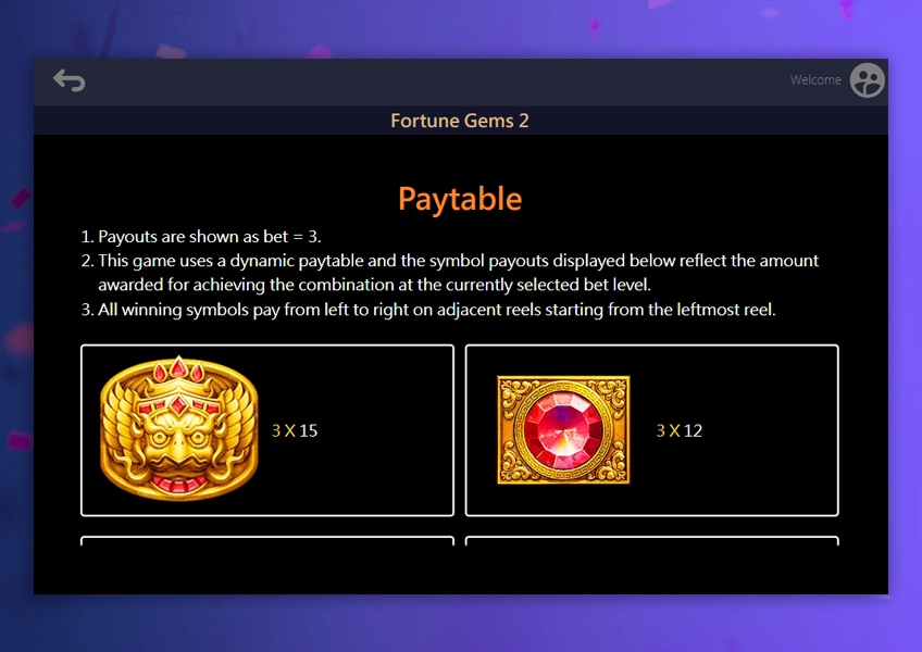 Review Fortune Gems 2 paytable on 1win