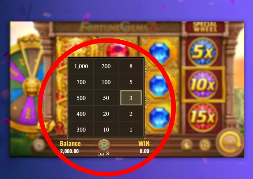 Choose Fortune Gems 2 bet size on 1win