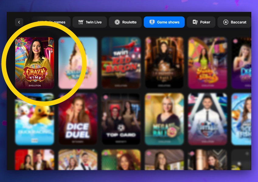 Crazy Time in 1win lobby