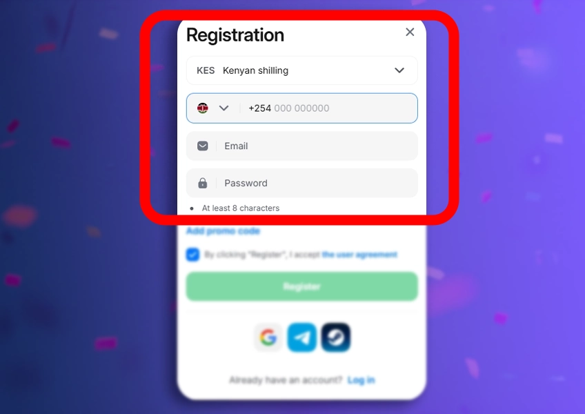 Enter details in 1win form