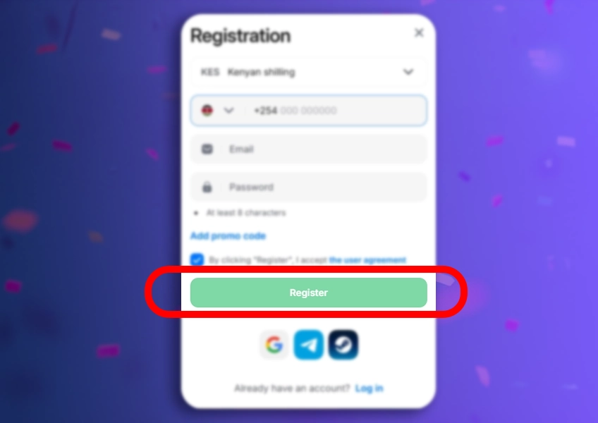 Click Register to join 1win